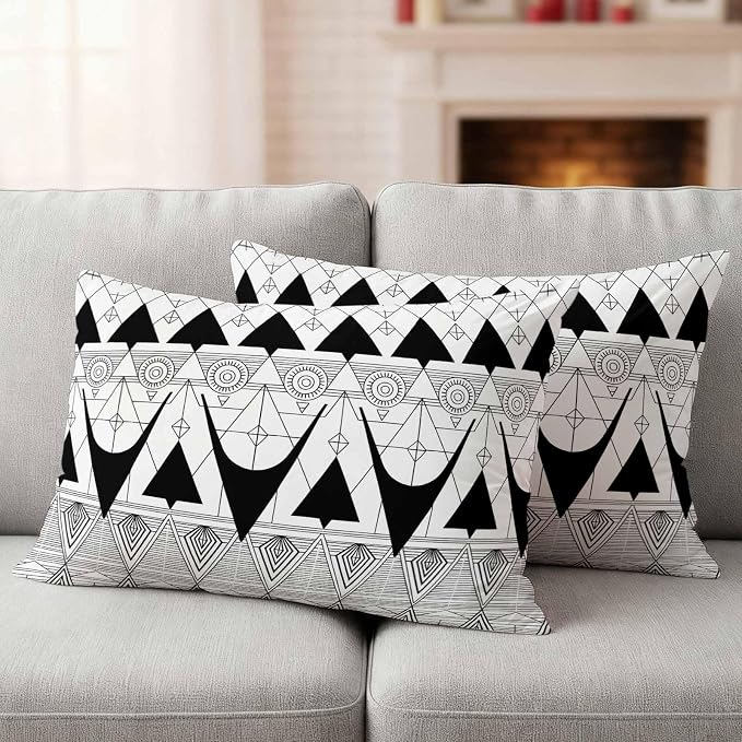 Lumbar Pillow Covers 20x12 Inch Set of 2, Black White Geometric Waterproof Outdoor Pillow Covers, Vintage Art Striped Decorative Cushion Pillowcases for Couch, Sofa, Bed, Garden, Patio