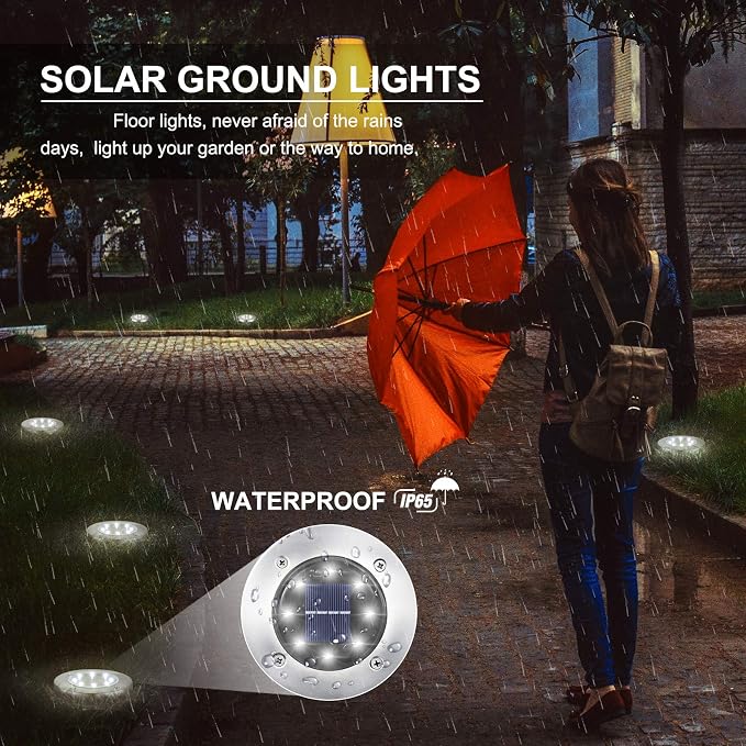 LYHOPE Solar Ground Lights Outdoor, 8 Pack 8 LED Solar Disk Lights Waterproof Garden In-ground Pathway Light Landscape Lighting for Lawn,Yard,Deck,Patio,Walkway (White)