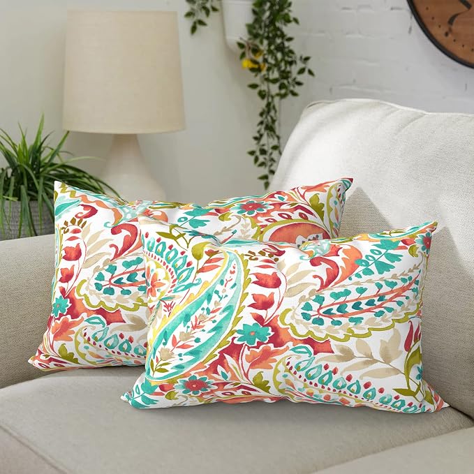 DYTXIII Pack of 2 Outdoor Waterproof Lumbar Pillow Covers ONLY, 12x20 Rectangle Decorative Double Printed Pillow Cases for Patio Couch Porch Furniture - Pretty Paisley
