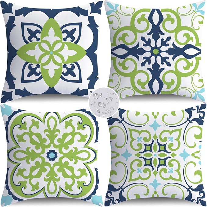 NIGHTWISH Outdoor Waterproof Pillow Covers 20x20 Set of 4 Green Boho Decorative Outdoor Throw Pillows Floral Cushion Cases for Patio Furniture Bench Couch Sunbrella