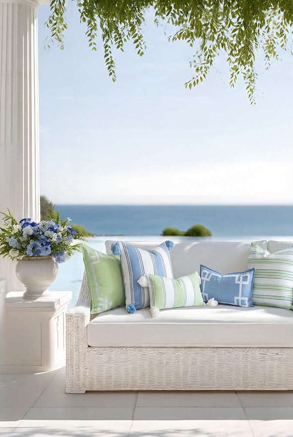 Hofdeco Premium Coastal Hampton Outdoor Performance Lumbar Pillow Cover Only, 12"x20" Water Repellent, UV and Fade Resistant for Backyard, Couch, Poolside, Grass Green Woven Harbor Stripes