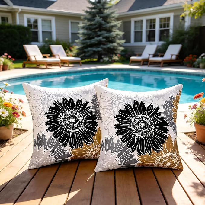 Outdoor Pillow Covers Waterproof Summer Square Cushion Covers Decorative Floral Brown Black Sunflower Throw Pillow Covers 20x20 Set of 2 Garden Throw Pillowcase for Patio Furniture Tent Balcony Bench