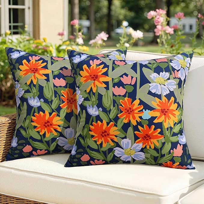 Pyonic Spring Summer Floral Outdoor Pillow Covers 20x20 inch Waterproof Throw Pillow Covers Outdoor Pillows for Patio Furniture Garden Bench Porch,Navy Blue