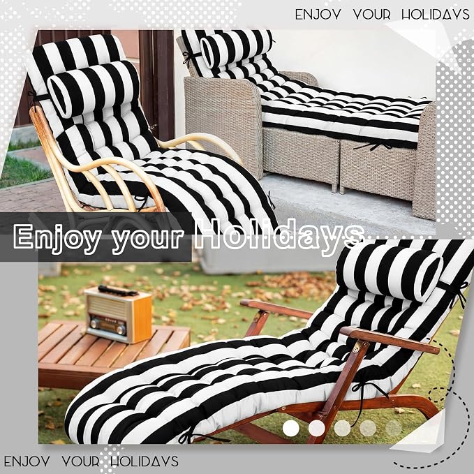 Tudomro Outdoor Chaise Lounge Cushion 66x21x4'' Waterproof & Fade-Resistant Patio Pool Chaise Lounge Cushion Headrest Pillow Tie Replacement Rocking High Back Chair(Black, White Stripe,1 Pcs)