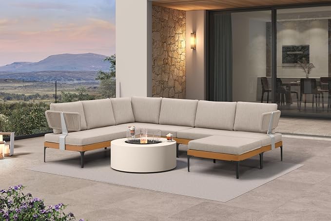 PURPLE LEAF Patio Furniture Set Outdoor Sectional Sofa with Cushions and Pillows Wicker L-Shaped 7 Pieces Aluminum Conversation Sets with Ottoman for Balcony Yard Garden Poolside, Oatmeal Greige