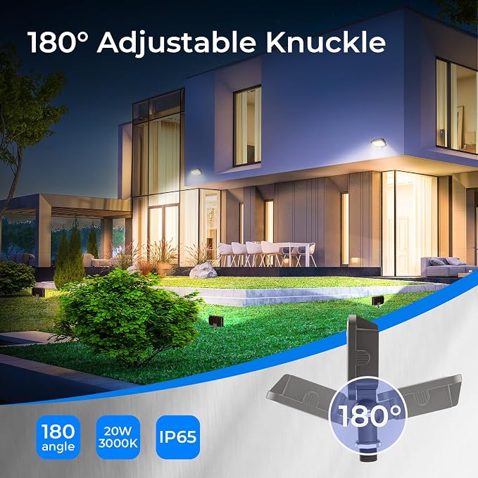CINOTON 20W LED Flood Lights Outdoor, IP65 Waterproof Exterior Security Wall Light with 180°Knuckle, 2800LM 120V Outside Aluminum Lighting Fixture for Yard Patio Garage Doorway 3000K 2 Pack, UL Listed