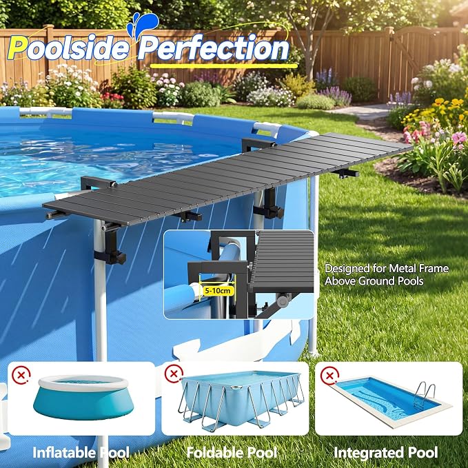 FUQUN Above Ground Pool Bar, 47" x 11.7" Heavy-Duty Matte Black Poolside Table, Stainless Steel Frame, Aluminum Tabletop, Fits 2-4" Top Rails & 22.8-48.4" Leg Spacing, for Round & Oval Frame Pools