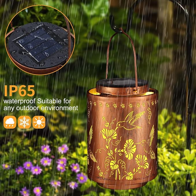 Solar Lanterns Outdoor Waterproof Garden Decor Gifts for Women Mon | Metal Hanging Solar Lights Decoration for Outside LED Lanterns for Yard Patio Lawn Pathway（Hummingbirds）