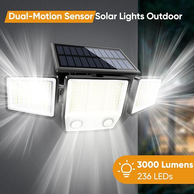 MDCMDCM Solar Motion Sensor Outdoor Lights Waterproof - 3000LM 3 Modes Security Lights Outdoor 270° Illumination IP65 LED Solar Flood Wall Light for Garden Yard Patio Pathway (with ‎Remote Control,3)