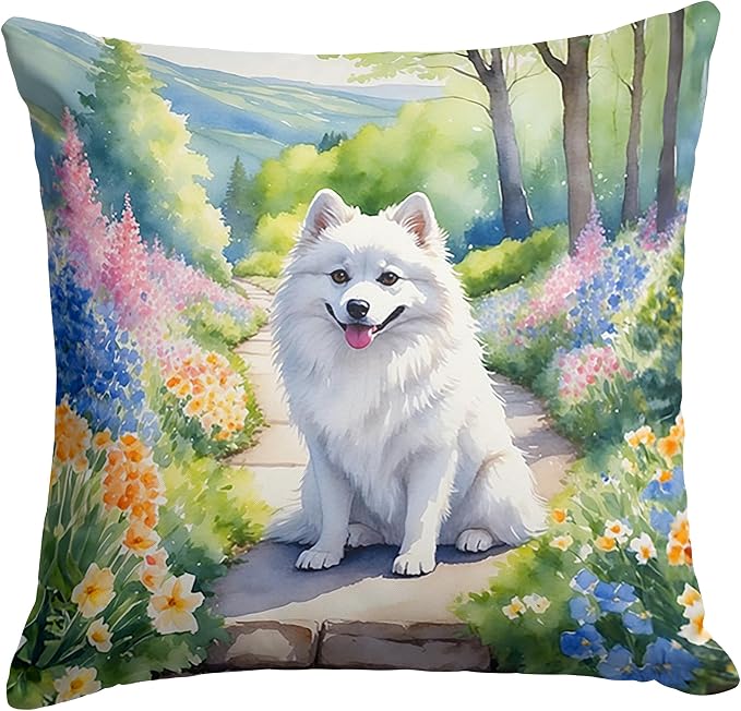 Caroline's Treasures American Eskimo Spring Garden Throw Pillow Machine Washable, Indoor Outdoor Decorative Pillow for Couch, Bed or Patio, 14Hx14W