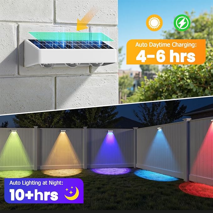 Solar Fence Lights,8 Pack Solars Deck Light,RGB Color,Outdoor Bulb Waterproof Led IP65,Power Patio Lamp with Lenses for Outside/Backyard/Railing/Yard(White)