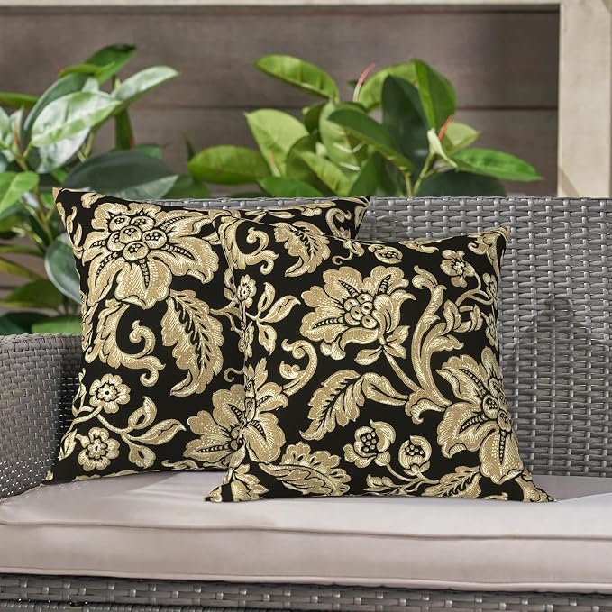 LVTXIII Outdoor Throw Pillows 16x16 Inch, Set of 2 Square Decorative Pillows with Inserts for Patio Furniture, Porch Chair, Garden Sofa, Jacobean Black