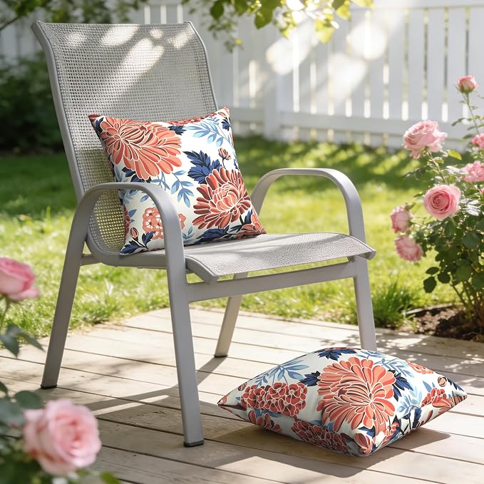 Outdoor Throw Pillow Covers 18x18 Inch, Decorative Pillow Covers for Patio Furniture, Red Chrysanthemum Modern Cushion Cases for Garden Couch Home Sofa, Pack of 2
