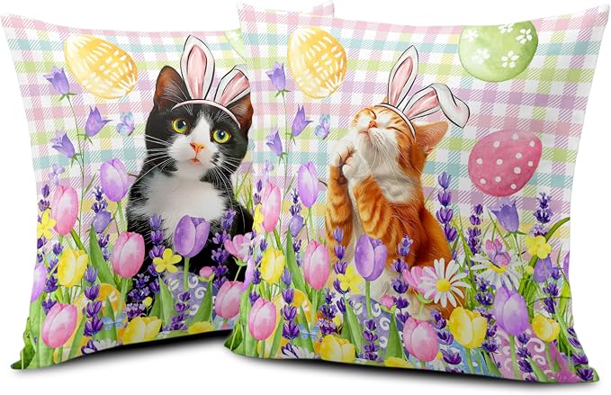 Spring Easter Pillow Covers 22x22 Set of 2 Lovely Cow Cat and Ginger Cat Wearing Bunny Ears Throw Pillow Covers Tulip Floral Pillow Case for Easter Decoration Sofa Patio Garden