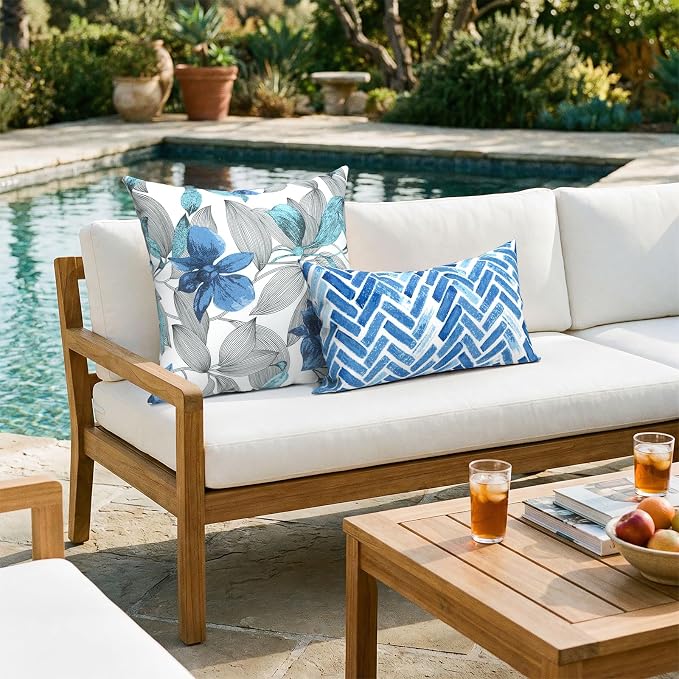 20x20 Inch Pack of 2 Patio Throw Pillow Covers ONLY, Water Repellent Cushion Cases, Square Pillowcases for Outdoor Couch Decoration, Clemens Noir Blue