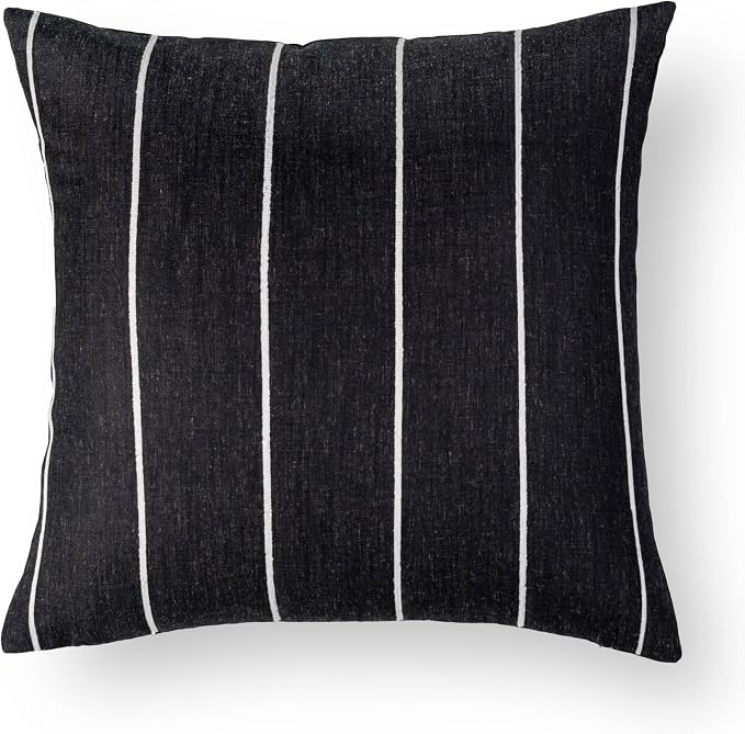 Modern Farmhouse Fall Linen Indoor Outdoor Throw Pillow Cover Only, 22"x22" Water Repellent for Patio, Backyard, Couch, Black Neutral Vertical Stripes