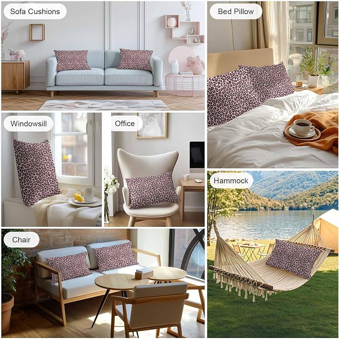 Vandarllin Outdoor Throw Pillows Covers 20x12 inch Set of 2 Waterproof Pink Leopard Print Decorative Zippered Cushion Covers for Patio Furniture, Luxury Animal Fur Pattern Lumbar Pillowcases