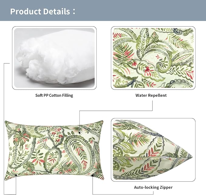 Outdoor Lumbar Pillows 12x20 inch, Rectangle Throw Pillows with Inserts, Decorative Lumbar Cushions for Patio Furniture Garden Couch Home Sofa Office Chair, Pack of 2,Faylinn Shadow Paisley