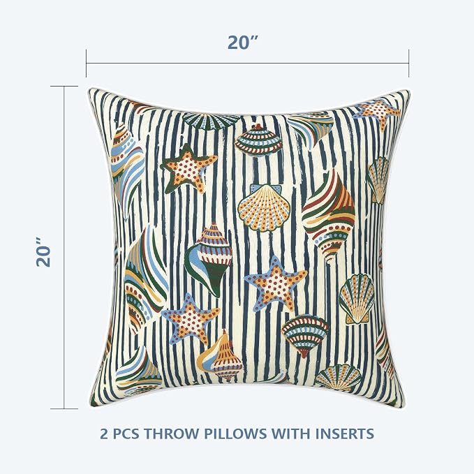 LVTXIII Outdoor Throw Pillows 20x20 Patio Waterproof Square Pillows with Piping Fade Resistant Accent Pillow for Spring Summer Garden Decoration, Set of 2, Crayon Shells