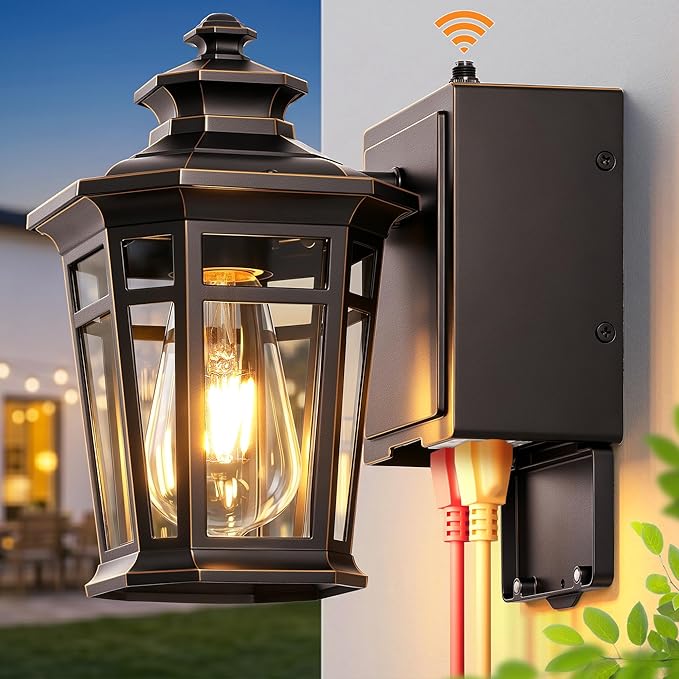 Gleamz Outdoor Wall Light with GFCI Outlet, ORB Dusk to Dawn Outdoor Lighting, Patio Lights Outside Waterproof Anti-Rust, Exterior Lighting Fixtures Wall Mount for Garden, Front Door, E26 Base