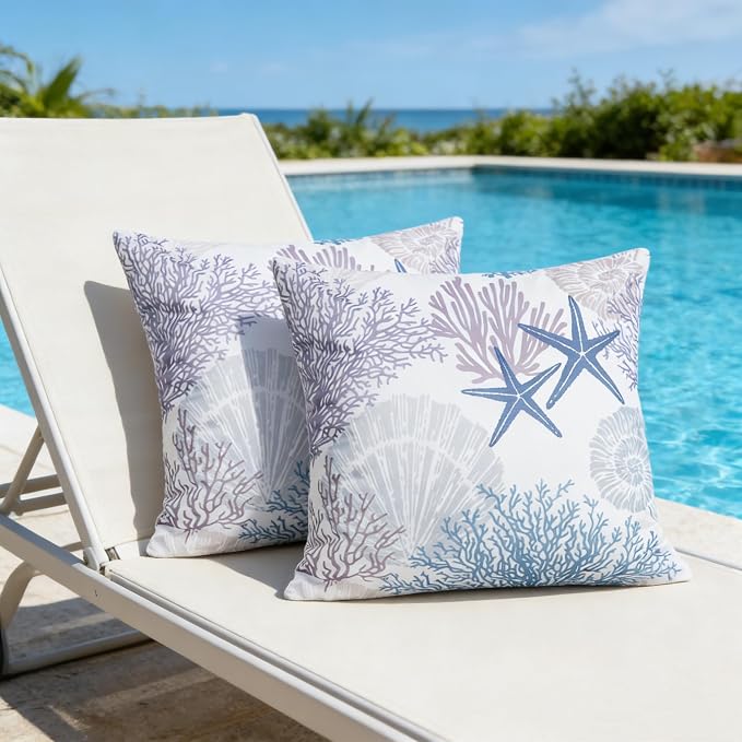 cygnus Coastal Outdoor Pillow Covers 18x18 inch Waterproof Conch Seashell Coral Satrfish Beach Summer Nautical Throw Pillow Covers for Patio Furniture Garden Bench Porch Sofa Couch Set of 2