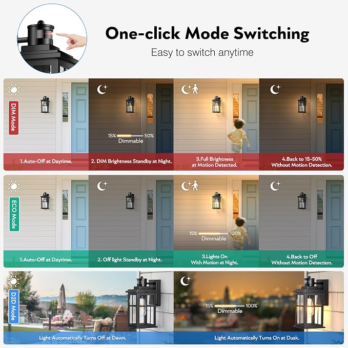 Motion Sensor Outdoor Lights, 2 Pack Outside Light Fixture Dusk to Dawn, Black Outdoor Motion Sensor Light, Anti-Rust Exterior Light Fixture for House, Garage, Doorway, Porch, 100% Aluminum