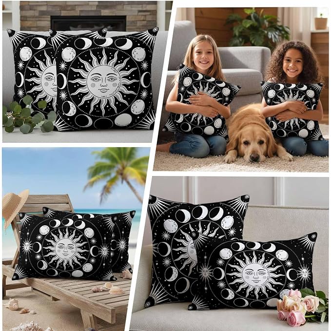 Celestial Sun and Moon Waterproof Outdoor Pillow Covers Set of 2 Home Decor, Black Starry Galaxy Boho Pillowcase Patio Pillow Covers for Couch Bench Patio Furniture Garden 24x24in