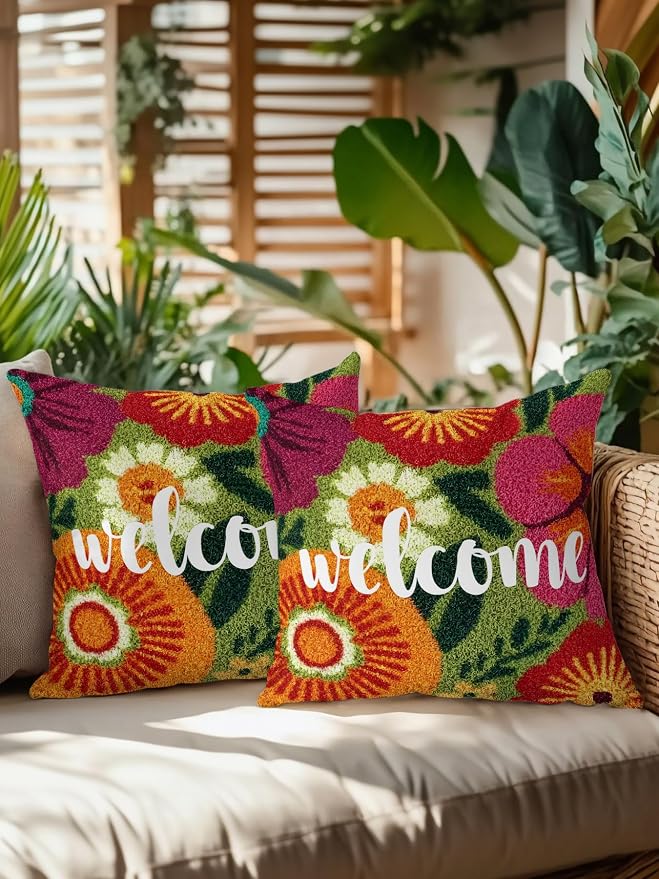 Outdoor Waterproof Throw Pillows 18x18in, Farmhouse Rustic Orange Red Floral Patio Pillows Pack of 2, Decorative Pillow Covers with Insert, Pillow Cushion Case for Garden Abstract Green Leaves