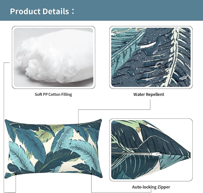 Outdoor Lumbar Pillows 12x20 inch, Rectangle Throw Pillows with Inserts, Decorative Lumbar Cushions for Patio Furniture Garden Couch Home Sofa Office Chair, Pack of 2, Swaying Palms Blue