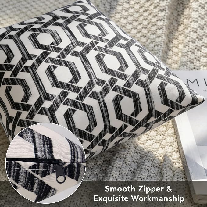 Outdoor Pillow Covers 18x18 Set of 2 Black White Geo Print, Waterproof & UV Resistant Polyester for Patio, Couch, Porch, Modern Farmhouse Decor