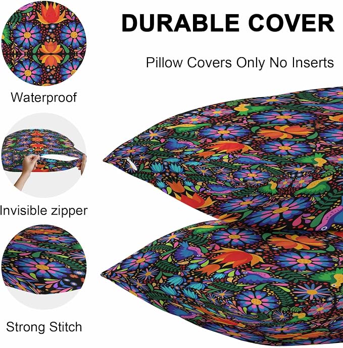 Outdoor Waterproof Throw Pillow Covers Set of 2 Colorful Mexican Floral Lumbar Pillowcases 20x12 Inches Bird Rustic Assorted Flower Decorative Pillows Cushion Case Patio Pillows for Couch Bed Chair