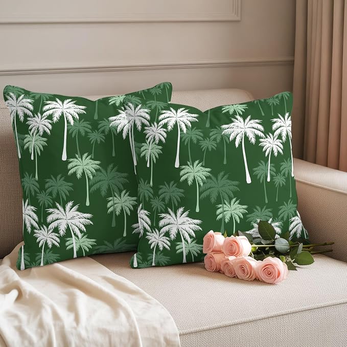 Throw Pillow Covers 18x18 Inch Set of 2, Tropical Palm Tree Waterproof Outdoor Pillow Covers, Green White Plants Coastal Leaf Beach Decorative Cushion Pillowcases for Couch, Sofa, Bed, Garden, Patio
