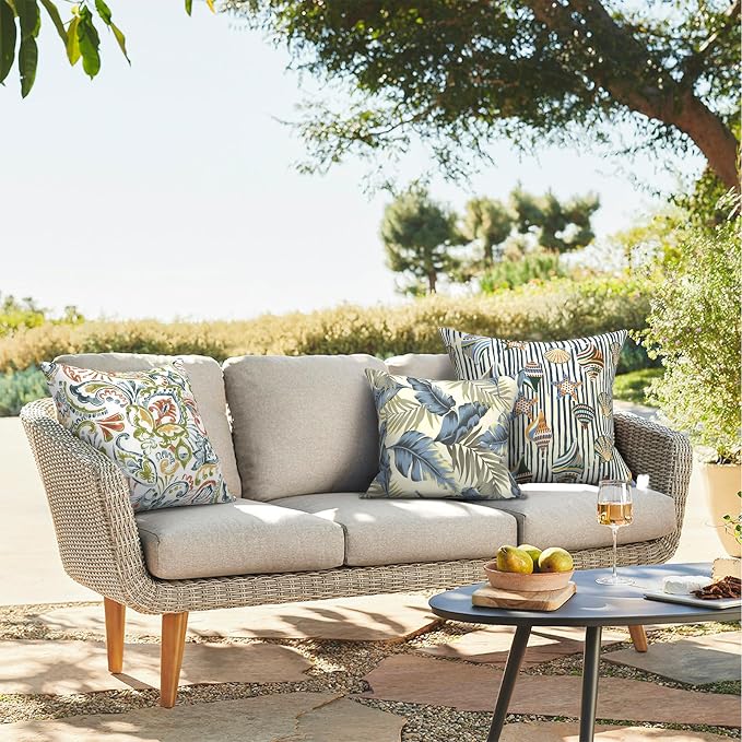 Outdoor Throw Pillows 16x16 Inch, Water Repellent Patio Pillows with Inners Set of 2 for Patio Furniture Home Graden, ‌Lush Palm Blue