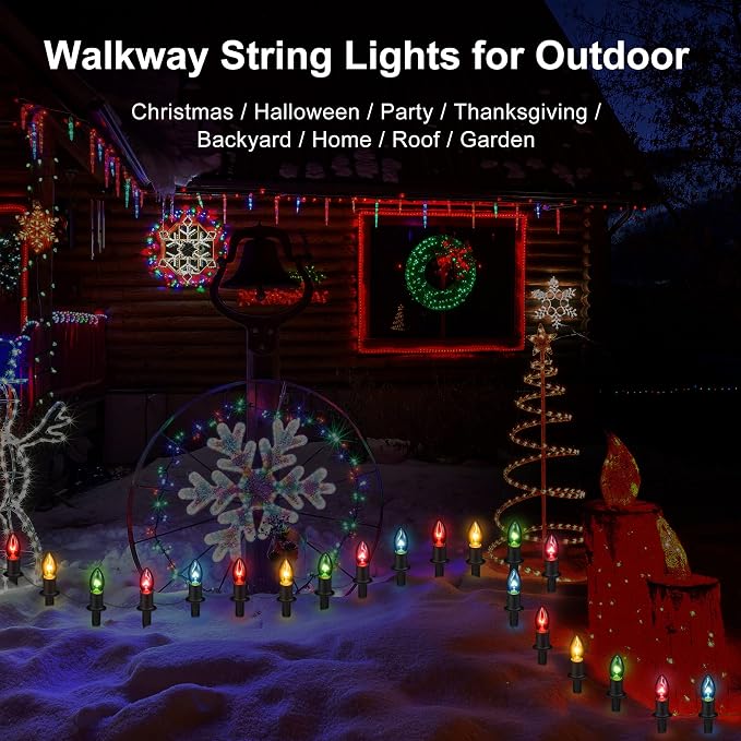 TIORIY Christmas Lights Outdoor 20 Pathway Lights - 24.2ft Multicolor Walkway Light with Stakes, C9 Driveway Light for Outside Yard Garden, Extendable for Xmas Holiday Decorations, 20 Lights