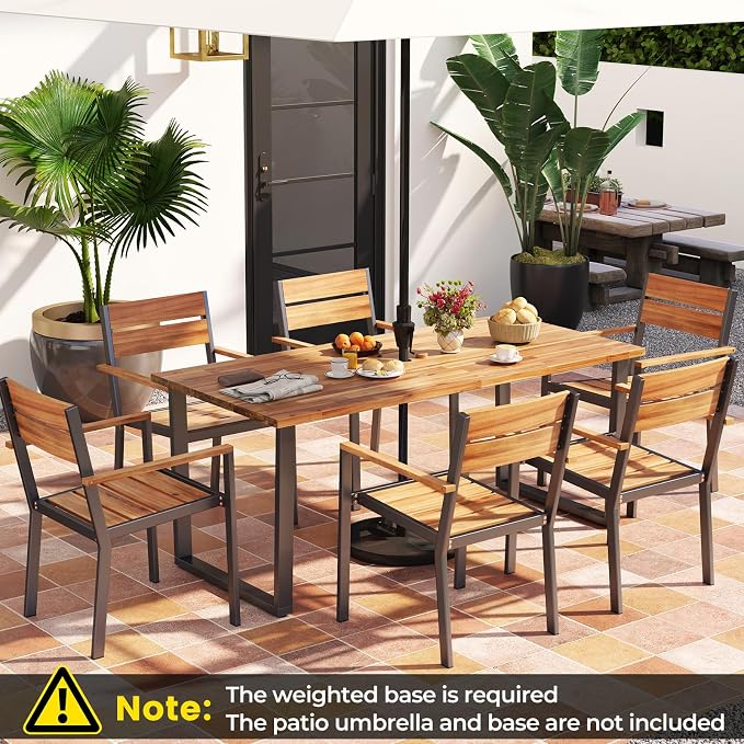 HAPPYGRILL 7 Pieces Acacia Wood Patio Dining Set with Metal Frame, Space-Saving Outdoor Furniture Set with 6 Stackable Armchairs and 63” Rectangular Table with 2” Umbrella Hole for Garden, Deck, Yard