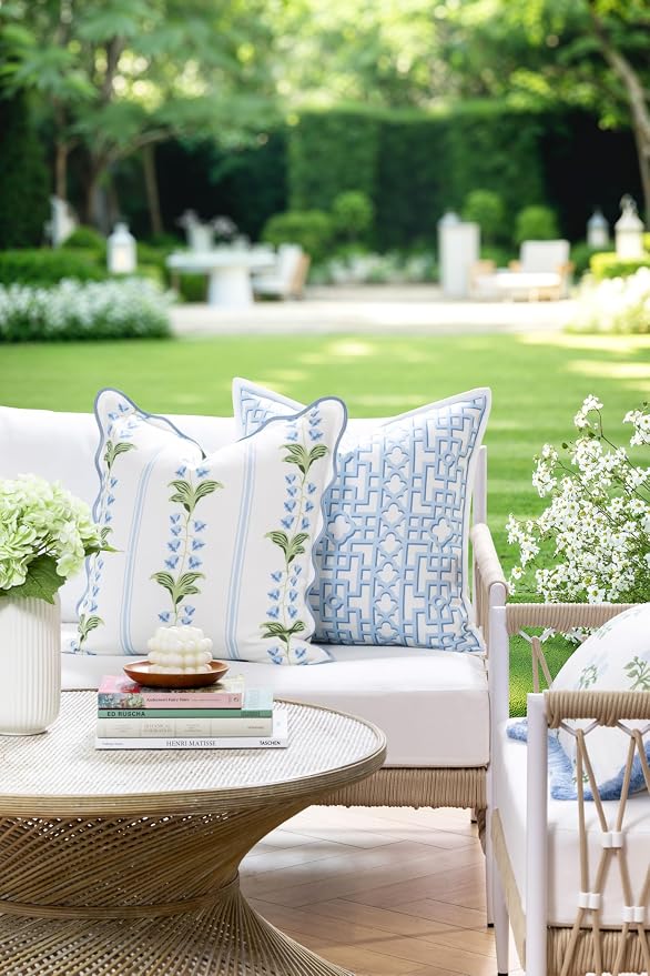 Hofdeco Premium Grandmillennial Coastal Hampton Patio Indoor Outdoor Throw Pillow Cover Only, 20"x20" Water Repellent for Backyard, Couch, Poolside, Blue Green Print Striped Lily of the Valley