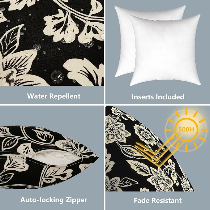 LVTXIII Outdoor Pillows 20x20 Inch, 2 Pack Large Decorative Square Throw Pillows with Inserts for Couch, Bed, Floor Seating, Patio Furniture, Elegant Vines Black