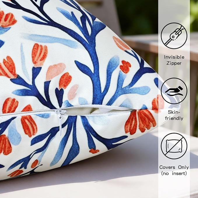 Floral Waterproof Outdoor Throw Pillow Covers 18x18 Inch Set of 2 | Blue and Orange Floral Pillow Cover, Summer Outdoor Decor Cushion Cases for Garden Patio Balcony Funiture Porch Couch Sofa