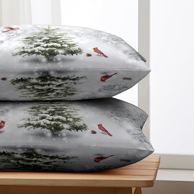 Winter Christmas Lumbar Pillow Covers 12x20 Set of 2 Snowy Natural Forest Rectangle Pillowcase Green Pine Tree with Cardinal Birds Waist Cushion Case for Couch Living Room Patio