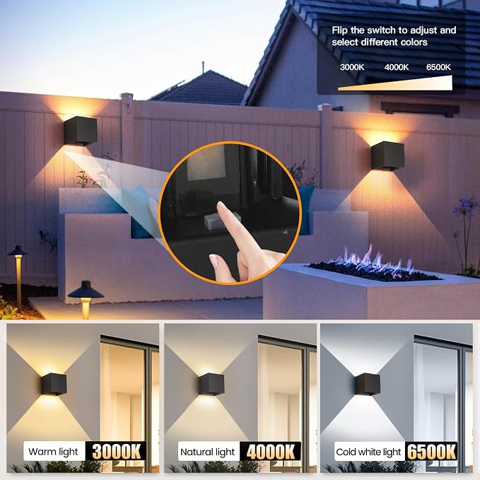 LED 20W Outdoor Wall Lights Exterior/Interior 3 Colors Adjustable Wall Sconce Up and Down Light Porch Lights IP65 Waterproof Exterior Wall Sconce Modern Outdoor Lighting Square Aluminum Black