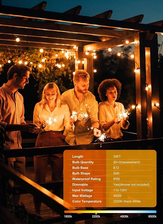 Outdoor String Lights, 55(50+5) FT 25 Bulbs IP65 Waterproof Patio Lights | Shatterproof Dimmable Hanging Connectable G40 Globe LED Outdoor Lights for Christmas, Backyard, Bistro, Porch