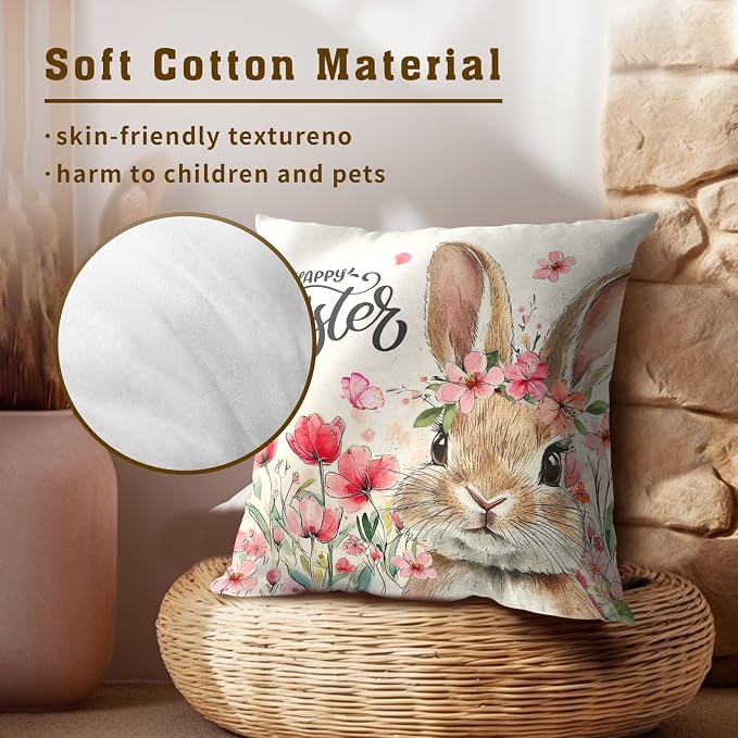 Happy Easter Throw Pillow Covers 18x18 Inch Set of 2, Cute Bunny Spring Tulip Flowers Holiday Decor Square Pillowcases Cotton Cushion Cover for Couch Sofa Patio Garden Bedroom