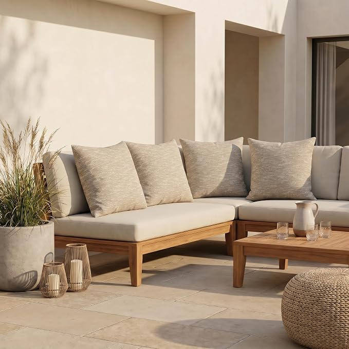 RSH DECOR: Sunbrella Square Throw Pillows Set of 4 | 20" x 20" | Water and Fade-Resistant Fabric | Outdoor Pillow Covers with Down-Alternative Inserts | Made in USA (Soft Cloud Chenille Burlap)