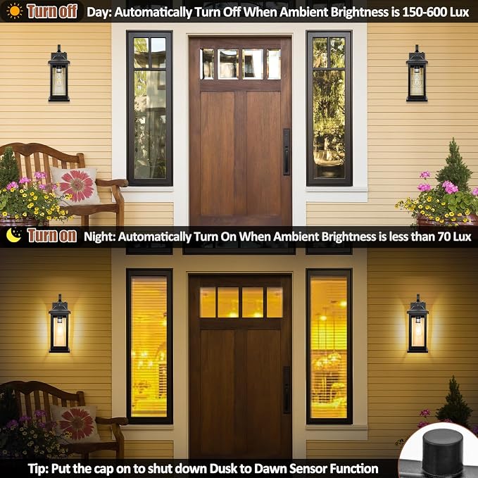 Dusk to Dawn Outdoor Lighting Wall Mounted 17 Inch Black | 2 Pack Exterior Light Fixtures Photocell Sensor, Porch Lights Waterproof, Outside Wall Sconces Garage Coach Lamps, ETL List