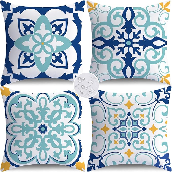 NIGHTWISH Outdoor Waterproof Pillow Covers 20x20 Set of 4 Teal Boho Decorative Outdoor Throw Pillows Floral Cushion Cases for Patio Furniture Bench Couch Sunbrella