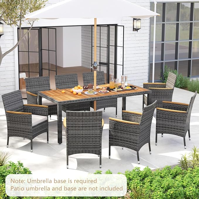 HAPPYGRILL 9 Pieces Patio Dining Set for 8, Outdoor Acacia Wood Table and Rattan Chairs with 2" Umbrella Hole, Cushions, Wicker Outdoor Dining Furniture Set for Backyard, Garden, Deck