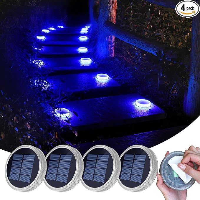 YiLaie Blue Solar Dock Lights Outdoor Waterproof Stick on Boat Deck Step Driveway Lights Solar Powered for Outside Warning Garden Patio Front Stairs Concrete Pathway Walkway (4 Pack)