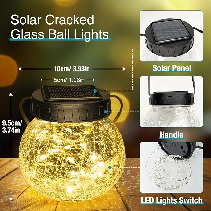 Kolpop 4 Pack Hanging Solar Lights for Outside, Cracked Glass Solar Lanterns Lights Outdoor Waterproof ,30 LED Hanging Globes Lights for Christmas Decoration, Shepherd Hook, Warm White