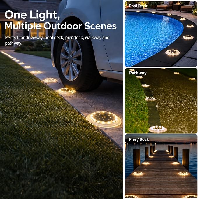 Solar Dock Lights, Deck LED Disc, Warm White, 6 Pack | Outdoor Waterproof, Flat Low Profile, Driveway, Ground, Anti-Slip & Anti-Trip, Soft Anti-Glare