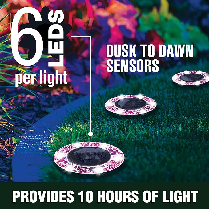Bell+Howell Solar Outdoor Mosaic Disk Lights, 4 Pack Ultra-Premium Glass Decorative Pathway, Solar Outdoor Waterproof Disk, LED Pathway, Auto On/Off Lights - Radiant Pink